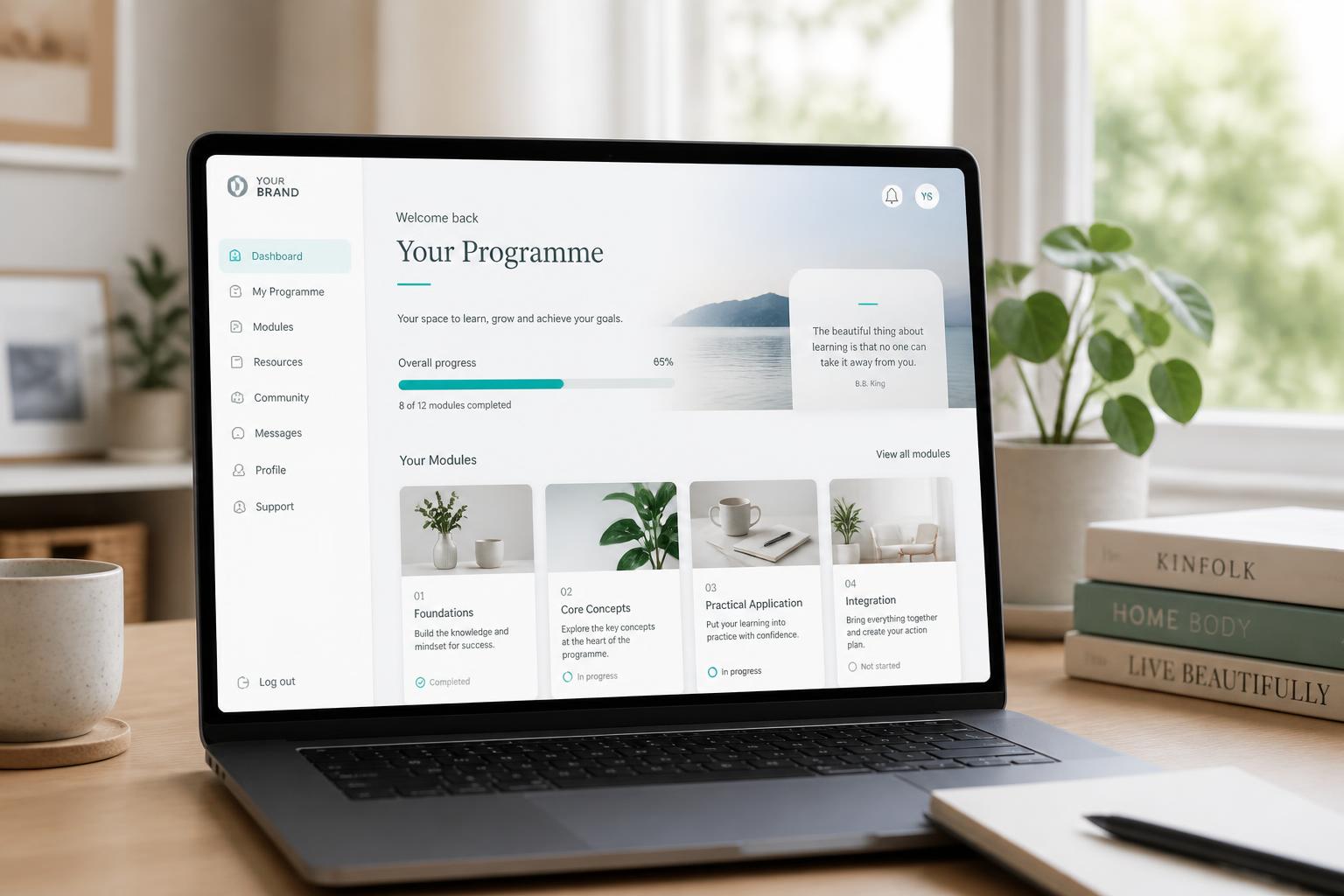 a clean branded learning platform dashboard on a laptop screen